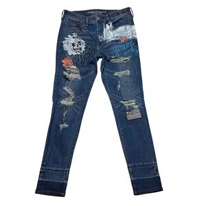 American Eagle Jeans Womens 12 Blue Super Stretch Distressed Painted Punk‎ Rock